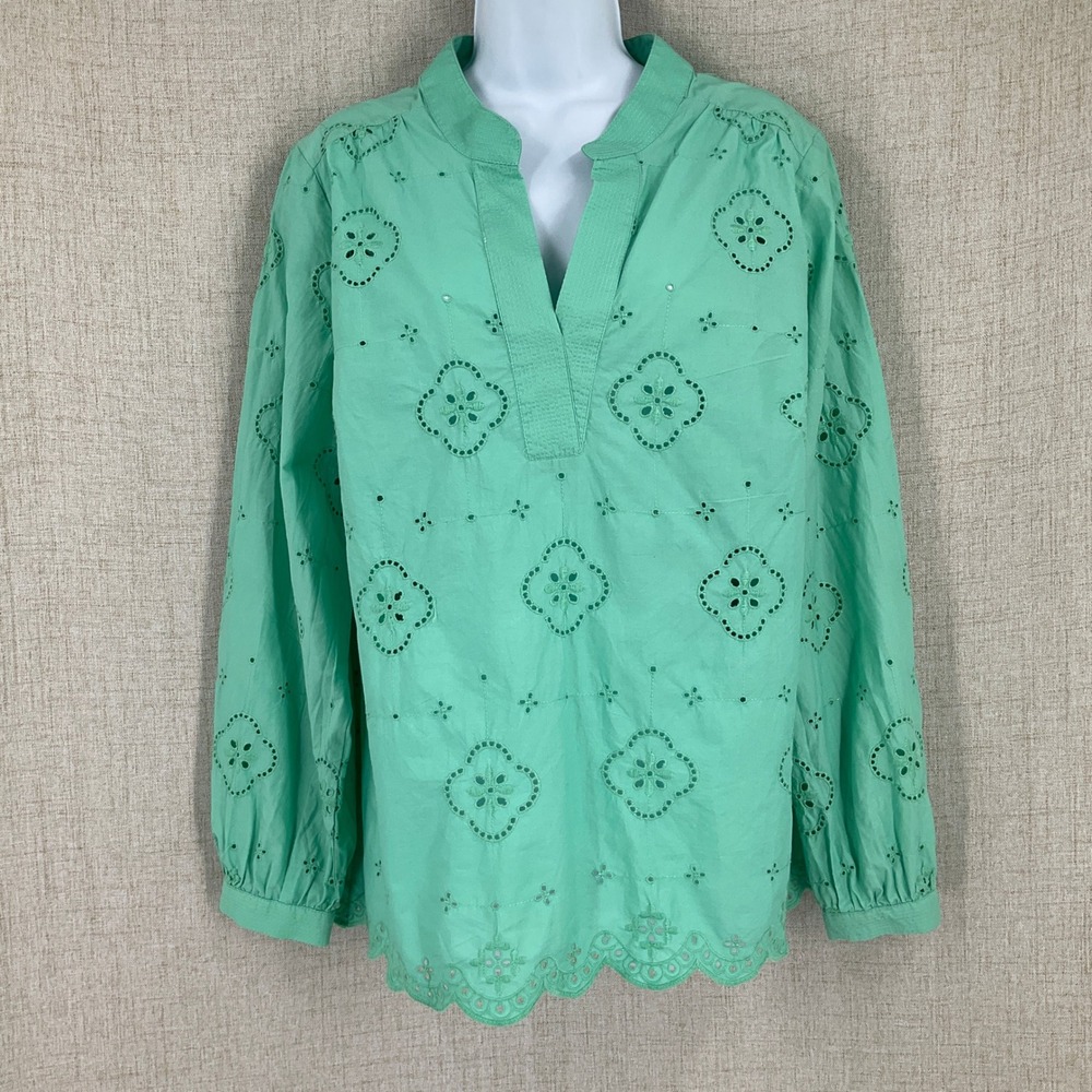 Talbots Blouse Womens L Green Cotton Eyelet Embroidered‎ Long Sleeve Boho Preppy